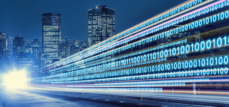 city skyline with binary code