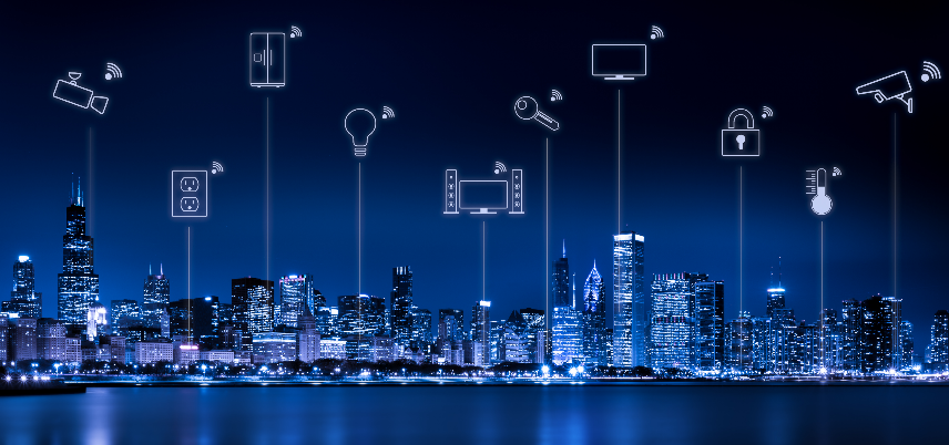 city skyline with wifi devices