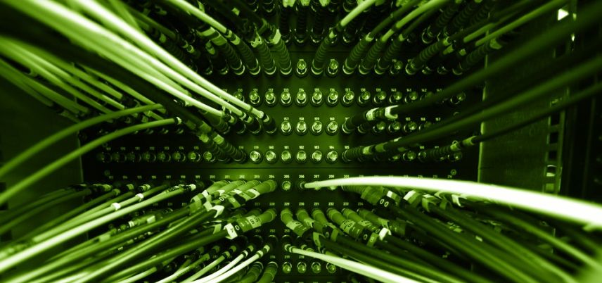 cables plugged into a server, green  tint