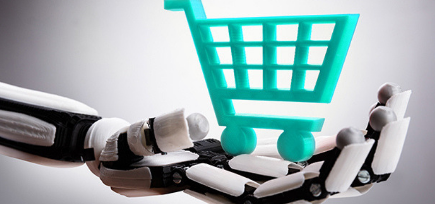 robotic hand holding shopping cart in palm