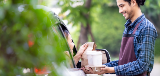 Man bringing coffee to customer at their car