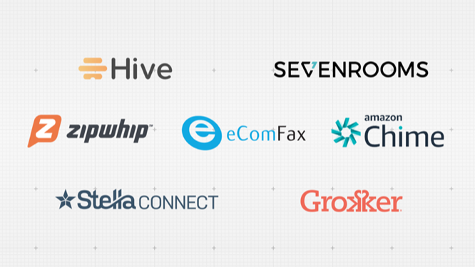 Brand logos: Hive, SEVENROOMS, zipwhip, eComFax, amazon Chime, StellaCONNECT, Grokker